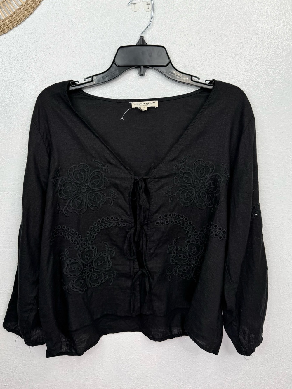 Christian Siriano New York Blouse Womens XL Black Embroidered Tie-Front